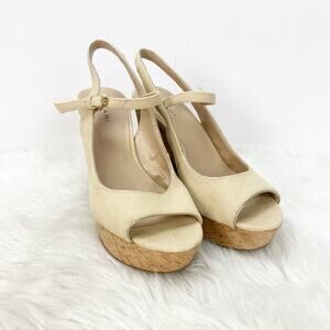 Tahari 6.5 M Womens Beige Canvas Slingback Cork Block Heels